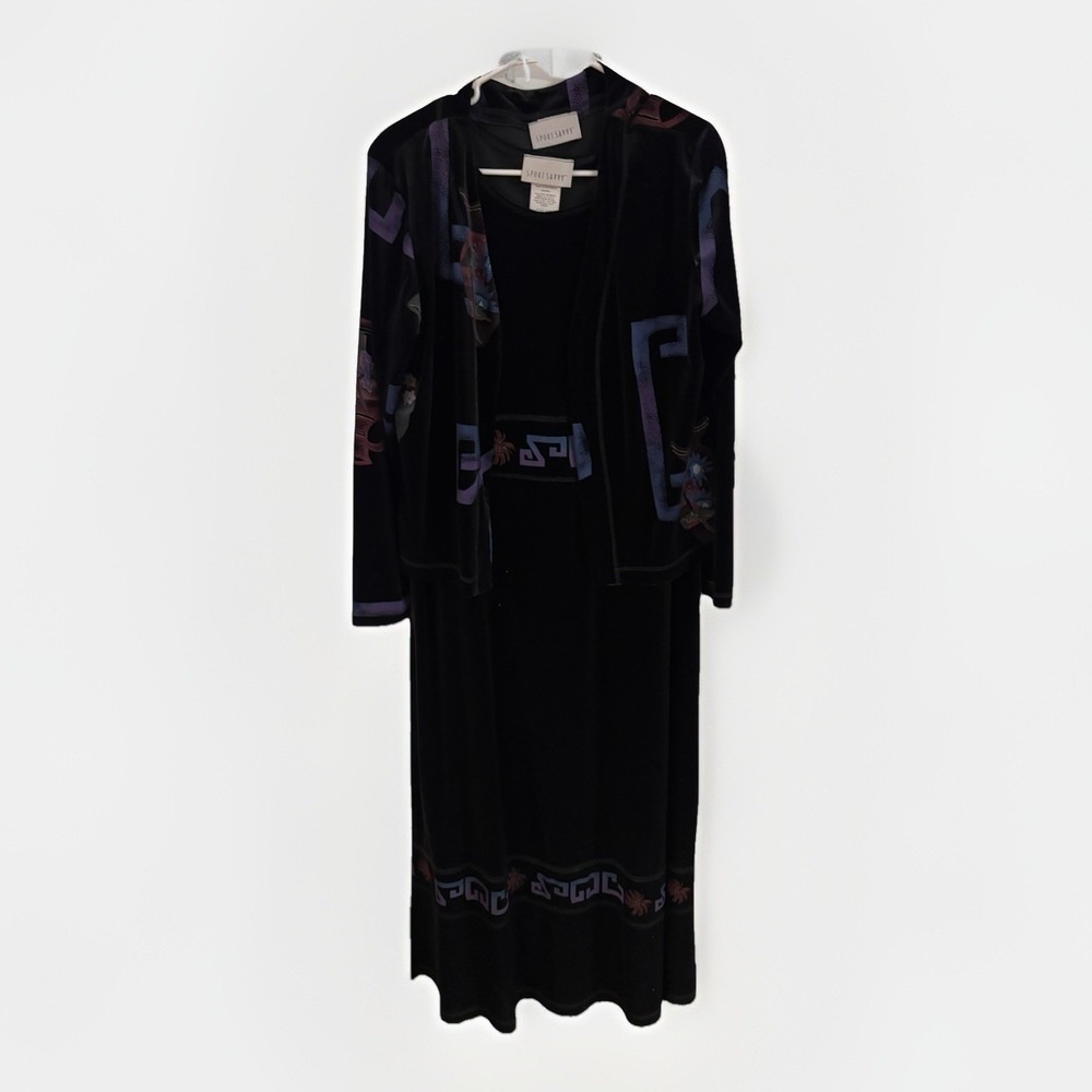 QVC Sport Savy Blue Velour Print 2 Piece‎ Jacket Maxi Dress Set, Size M